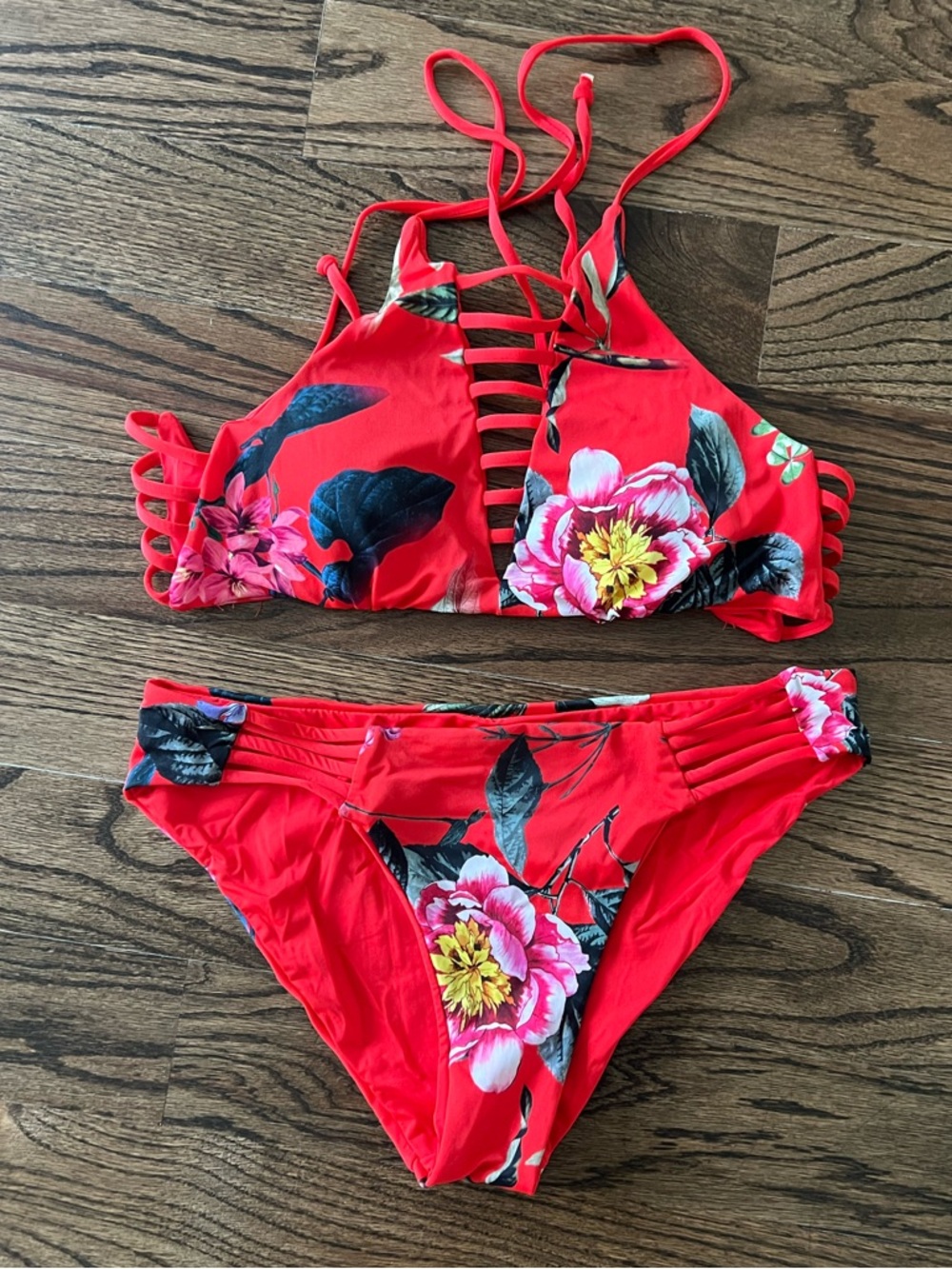 Red Floral Strappy Two-Piece Bikini